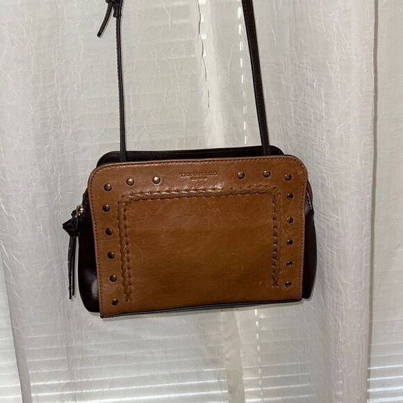 Tignanello Brown Tan Braided Stidded Double Zip Crossbody Genuine Leather Bag - Picture 1 of 16